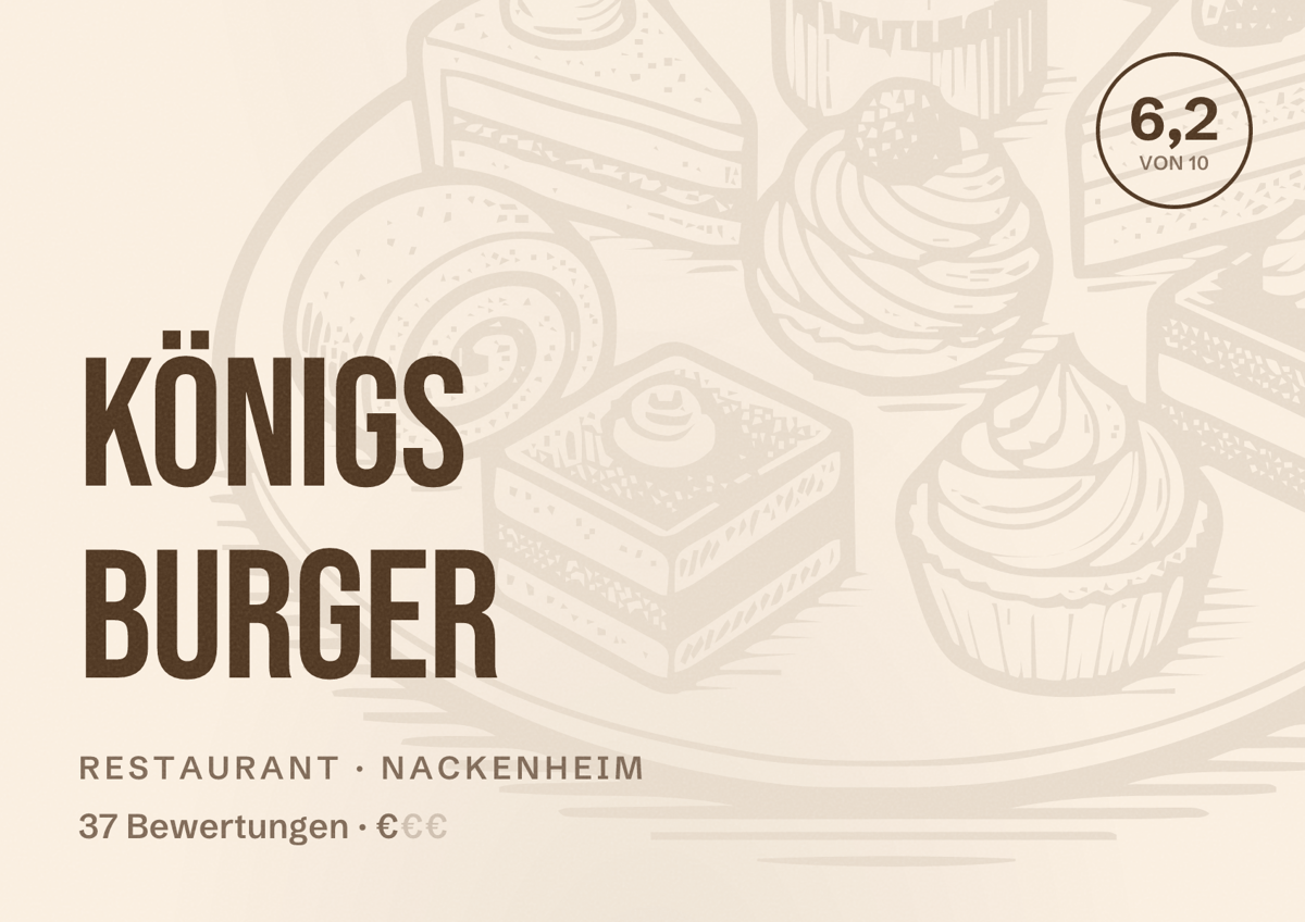 Illustriertes Poster von Königs Burger, Restaurant in Nackenheim: Bewertung 6,2 von 10 aus 37 Bewertungen, Preisniveau €