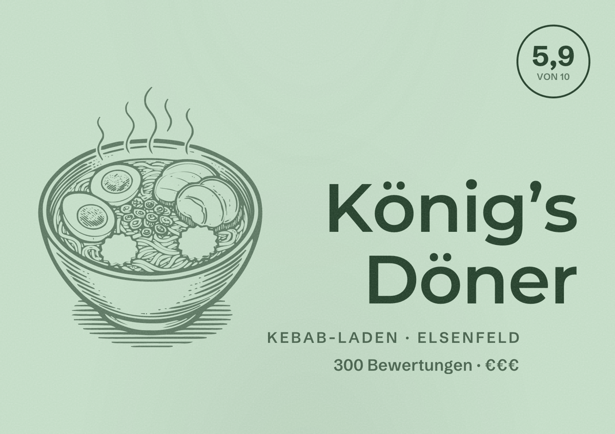 Illustriertes Poster von König’s Döner, Kebab-Laden in Elsenfeld: Bewertung 5,9 von 10 aus 300 Bewertungen, Preisniveau €€€