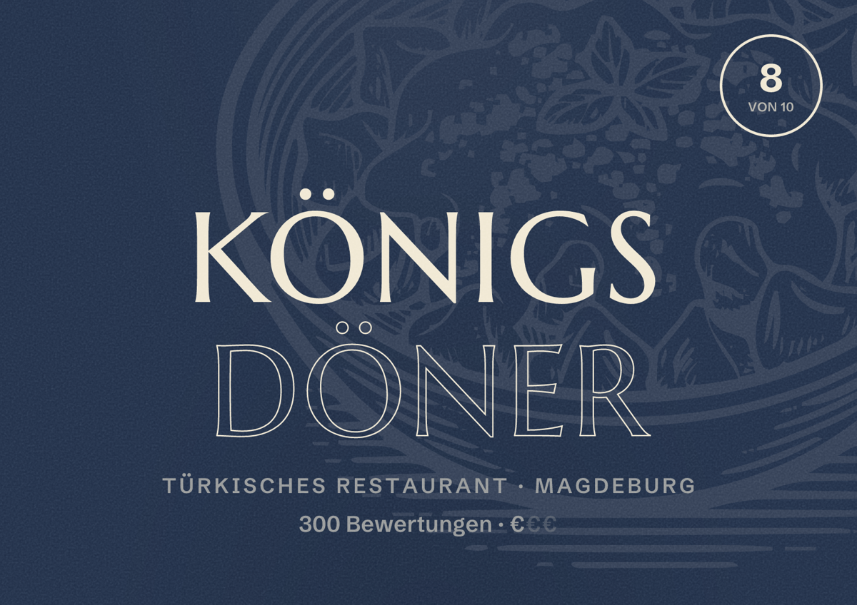 Illustriertes Poster von Königs Döner, Türkisches Restaurant in Magdeburg: Bewertung 8 von 10 aus 300 Bewertungen, Preisniveau €