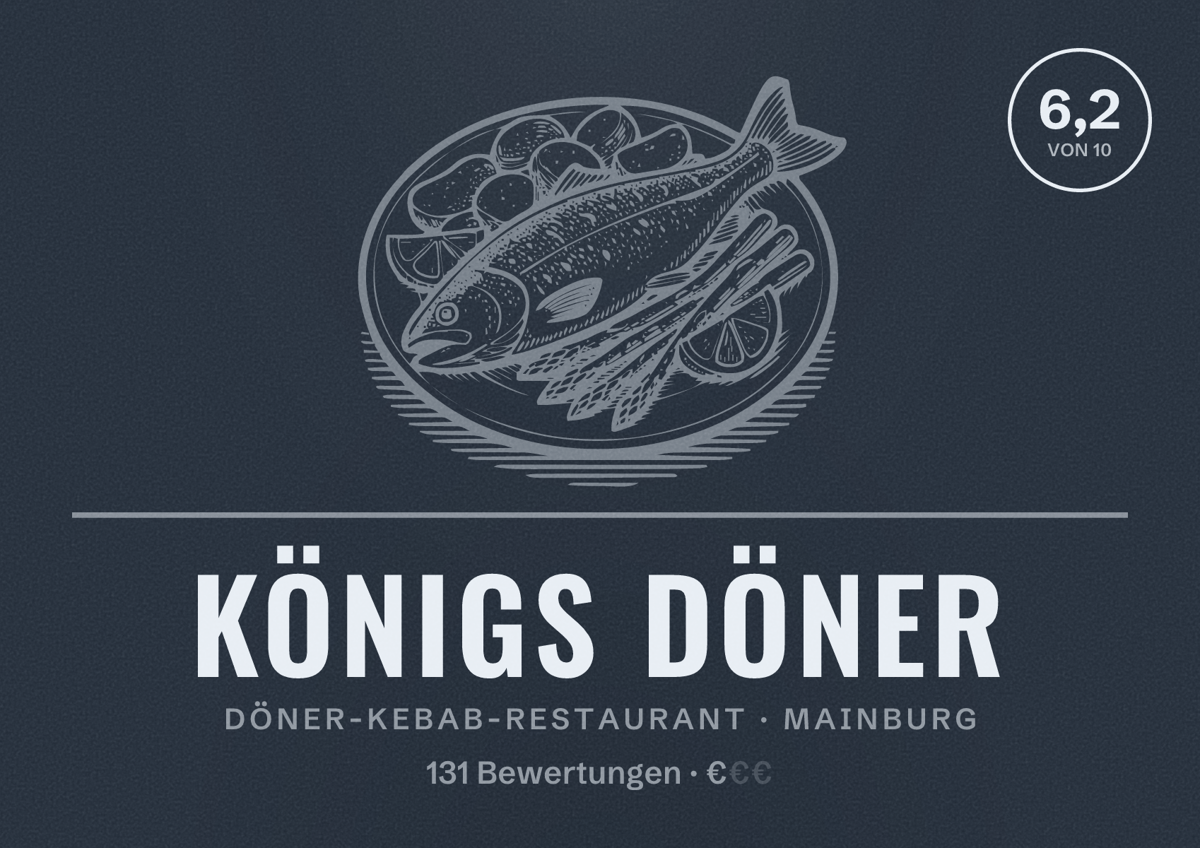 Illustriertes Poster von Königs Döner, Döner-Kebab-Restaurant in Mainburg: Bewertung 6,2 von 10 aus 131 Bewertungen, Preisniveau €