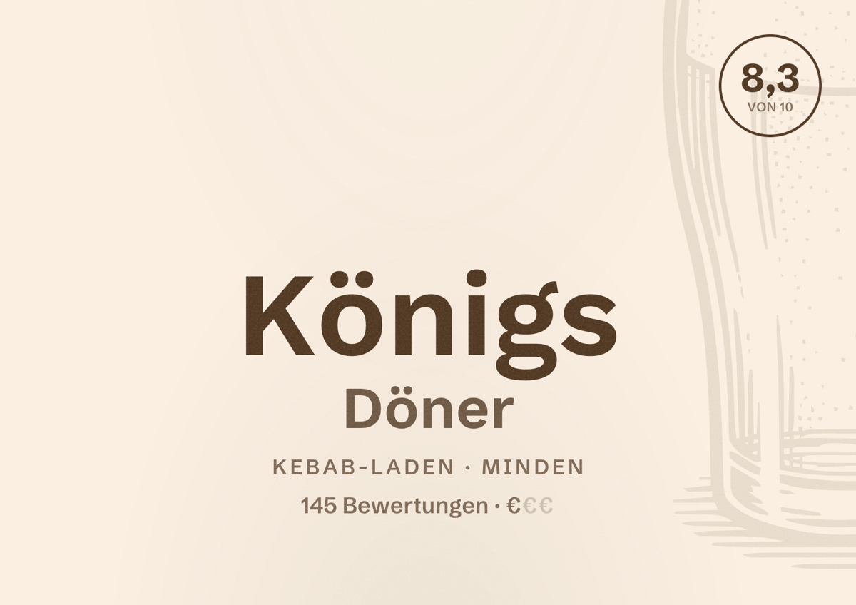 Illustriertes Poster von Königs Döner, Kebab-Laden in Minden: Bewertung 8,3 von 10 aus 145 Bewertungen, Preisniveau €