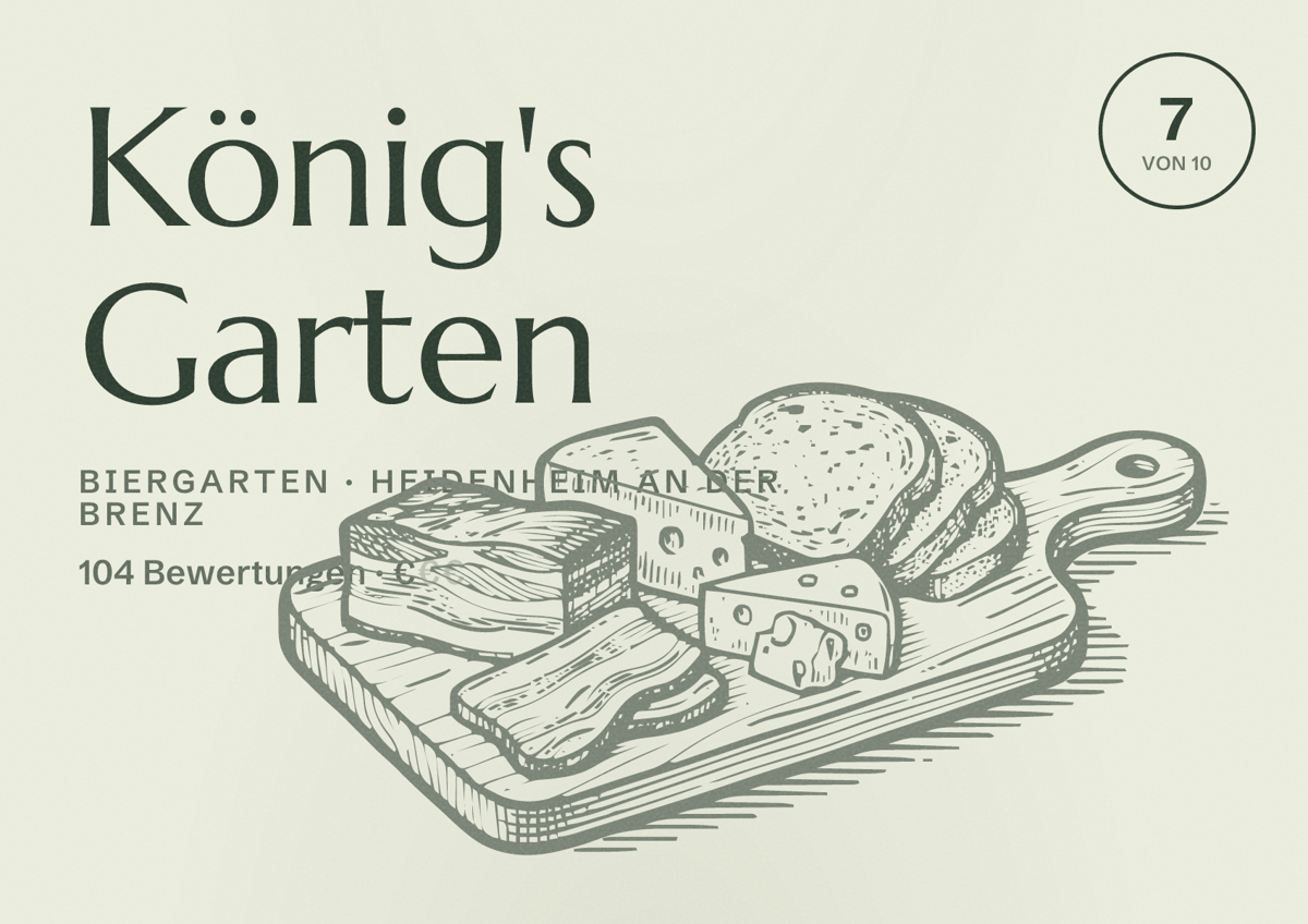 Illustriertes Poster von König's Garten, Biergarten in Heidenheim an der Brenz: Bewertung 7 von 10 aus 104 Bewertungen, Preisniveau €