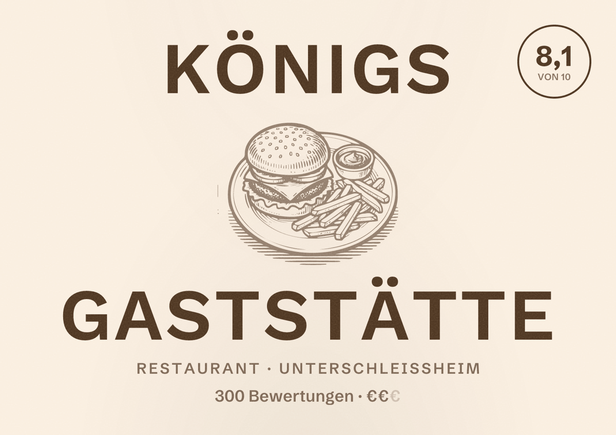 Illustriertes Poster von Königs Gaststätte, Restaurant in Unterschleißheim: Bewertung 8,1 von 10 aus 300 Bewertungen, Preisniveau €€