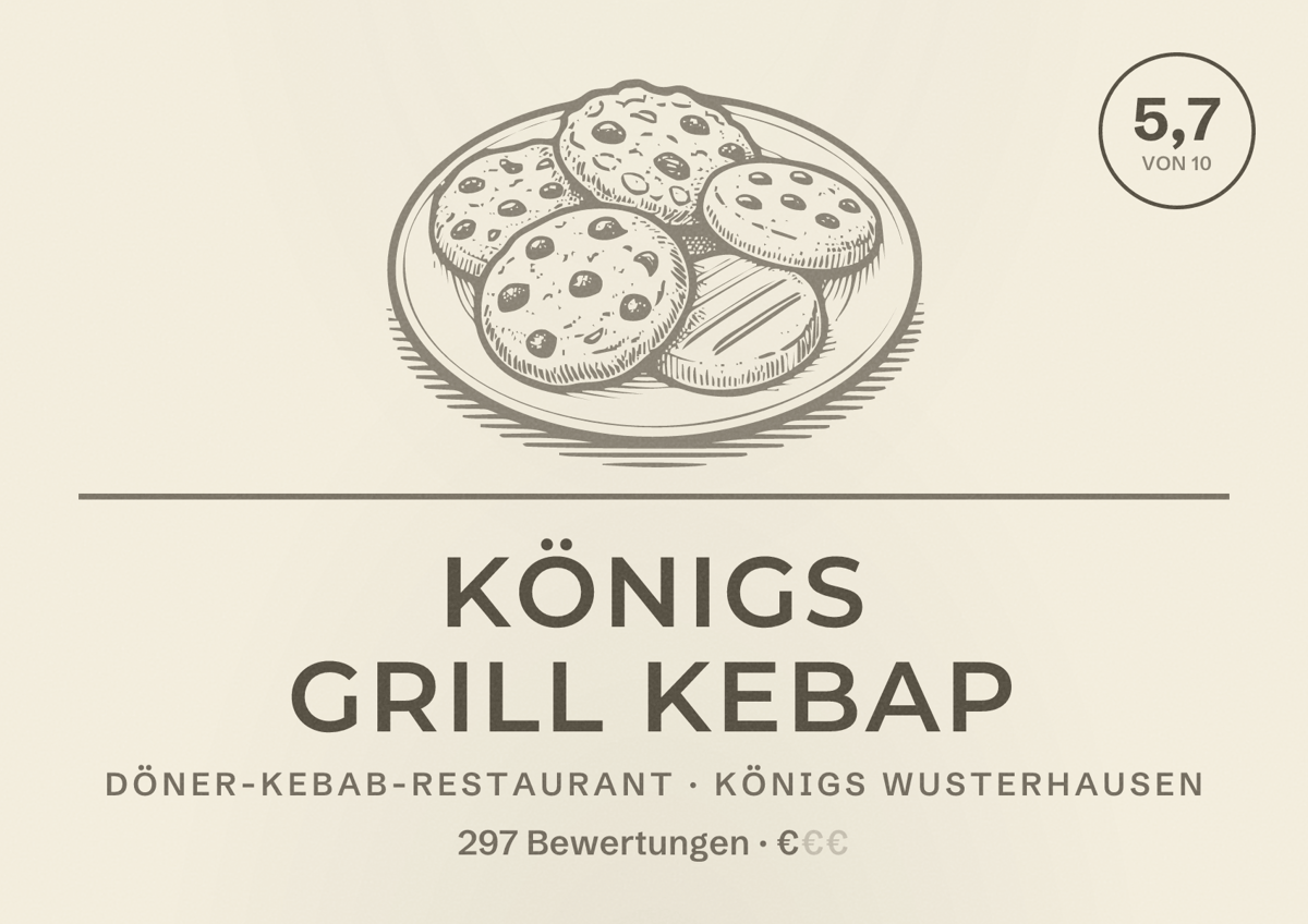 Illustriertes Poster von Königs Grill Kebap, Döner-Kebab-Restaurant in Königs Wusterhausen: Bewertung 5,7 von 10 aus 297 Bewertungen, Preisniveau €