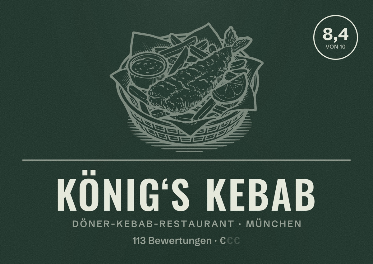 Illustriertes Poster von KÖNIG‘S KEBAB, Döner-Kebab-Restaurant in München: Bewertung 8,4 von 10 aus 113 Bewertungen, Preisniveau €