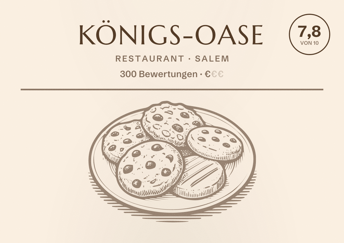 Illustriertes Poster von Königs-Oase, Restaurant in Salem: Bewertung 7,8 von 10 aus 300 Bewertungen, Preisniveau €
