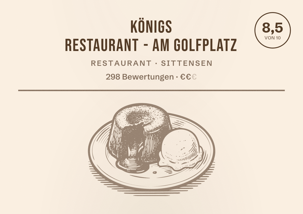 Illustriertes Poster von Königs Restaurant - am Golfplatz, Restaurant in Sittensen: Bewertung 8,5 von 10 aus 298 Bewertungen, Preisniveau €€