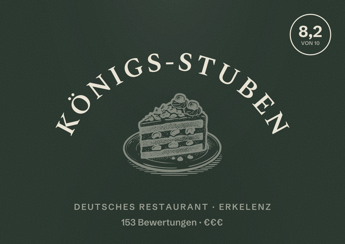 Illustriertes Poster von Königs-Stuben, Deutsches Restaurant in Erkelenz: Bewertung 8,2 von 10 aus 153 Bewertungen, Preisniveau €€€