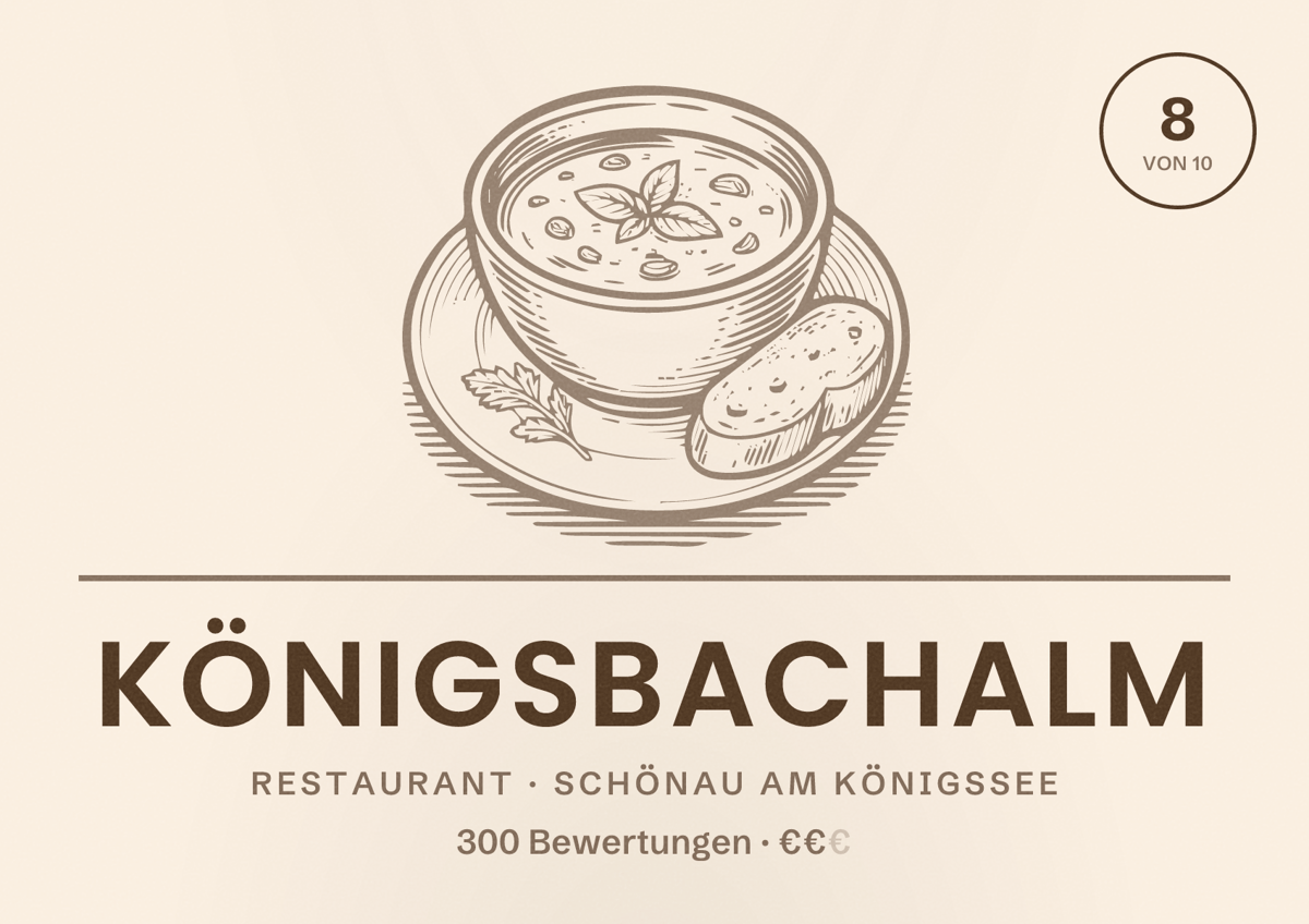 Illustriertes Poster von Königsbachalm, Restaurant in Schönau am Königssee: Bewertung 8 von 10 aus 300 Bewertungen, Preisniveau €€