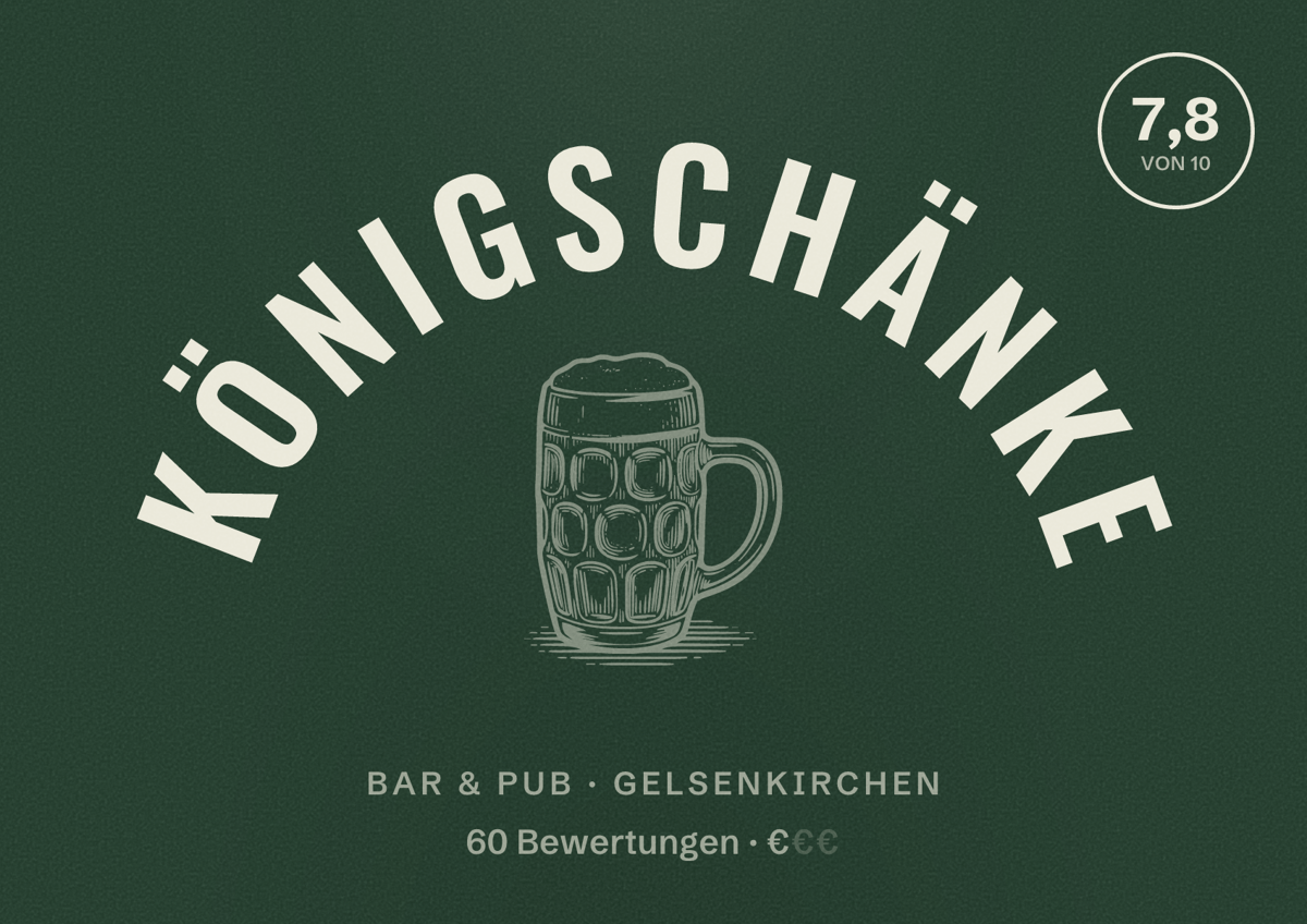 Illustriertes Poster von Königschänke, Bar & Pub in Gelsenkirchen: Bewertung 7,8 von 10 aus 60 Bewertungen, Preisniveau €