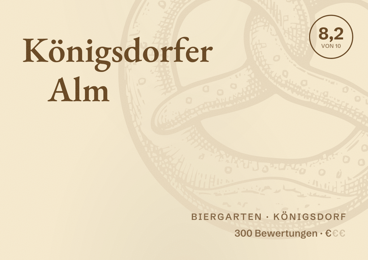 Illustriertes Poster von Königsdorfer Alm, Biergarten in Königsdorf: Bewertung 8,2 von 10 aus 300 Bewertungen, Preisniveau €