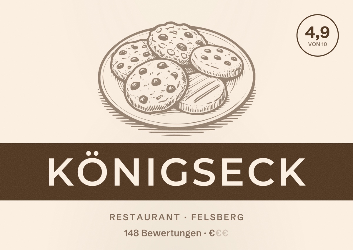 Illustriertes Poster von Königseck, Restaurant in Felsberg: Bewertung 4,9 von 10 aus 148 Bewertungen, Preisniveau €