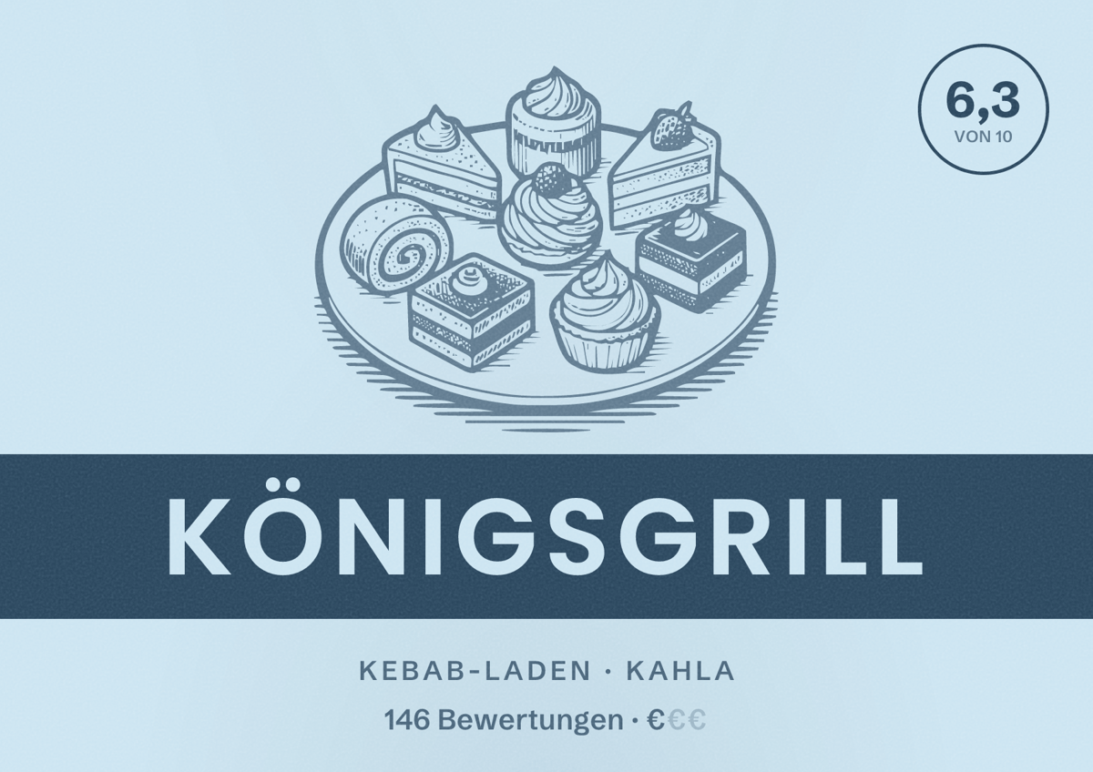 Illustriertes Poster von Königsgrill, Kebab-Laden in Kahla: Bewertung 6,3 von 10 aus 146 Bewertungen, Preisniveau €
