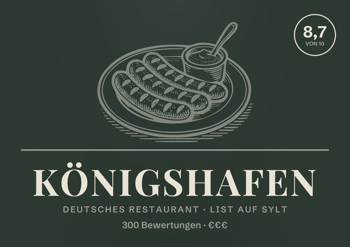 Illustriertes Poster von Königshafen, Deutsches Restaurant in List auf Sylt: Bewertung 8,7 von 10 aus 300 Bewertungen, Preisniveau €€€