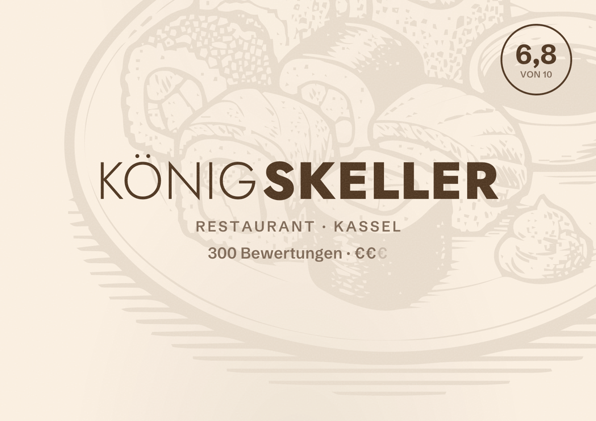 Illustriertes Poster von Königskeller, Restaurant in Kassel: Bewertung 6,8 von 10 aus 300 Bewertungen, Preisniveau €€
