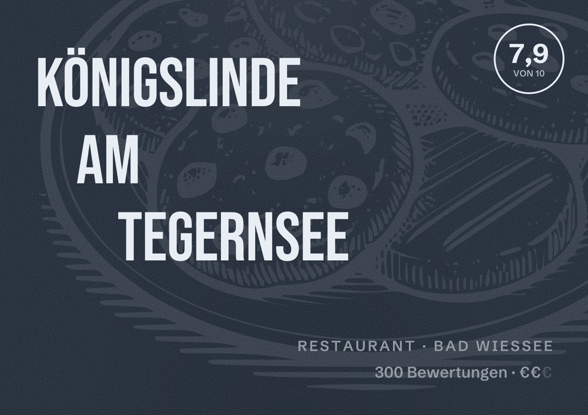 Illustriertes Poster von Königslinde am Tegernsee, Restaurant in Bad Wiessee: Bewertung 7,9 von 10 aus 300 Bewertungen, Preisniveau €€