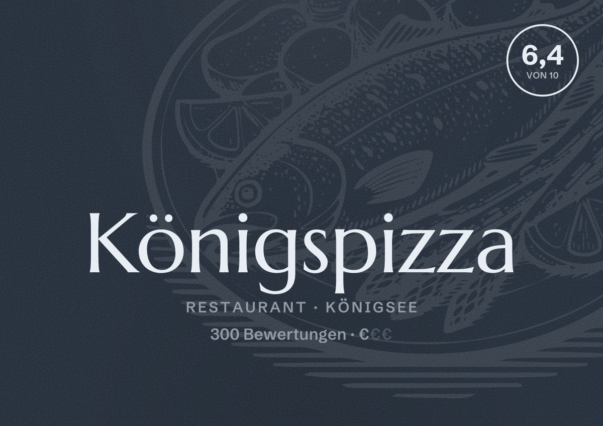 Illustriertes Poster von Königspizza, Restaurant in Königsee: Bewertung 6,4 von 10 aus 300 Bewertungen, Preisniveau €