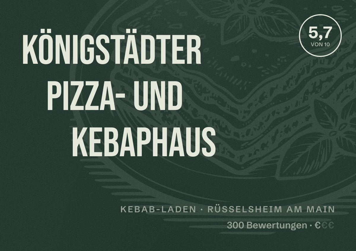 Illustriertes Poster von Königstädter Pizza- und Kebaphaus, Kebab-Laden in Rüsselsheim am Main: Bewertung 5,7 von 10 aus 300 Bewertungen, Preisniveau €