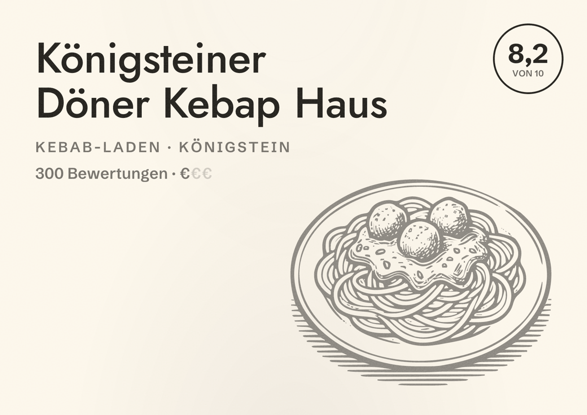 Illustriertes Poster von Königsteiner Döner Kebap Haus, Kebab-Laden in Königstein: Bewertung 8,2 von 10 aus 300 Bewertungen, Preisniveau €