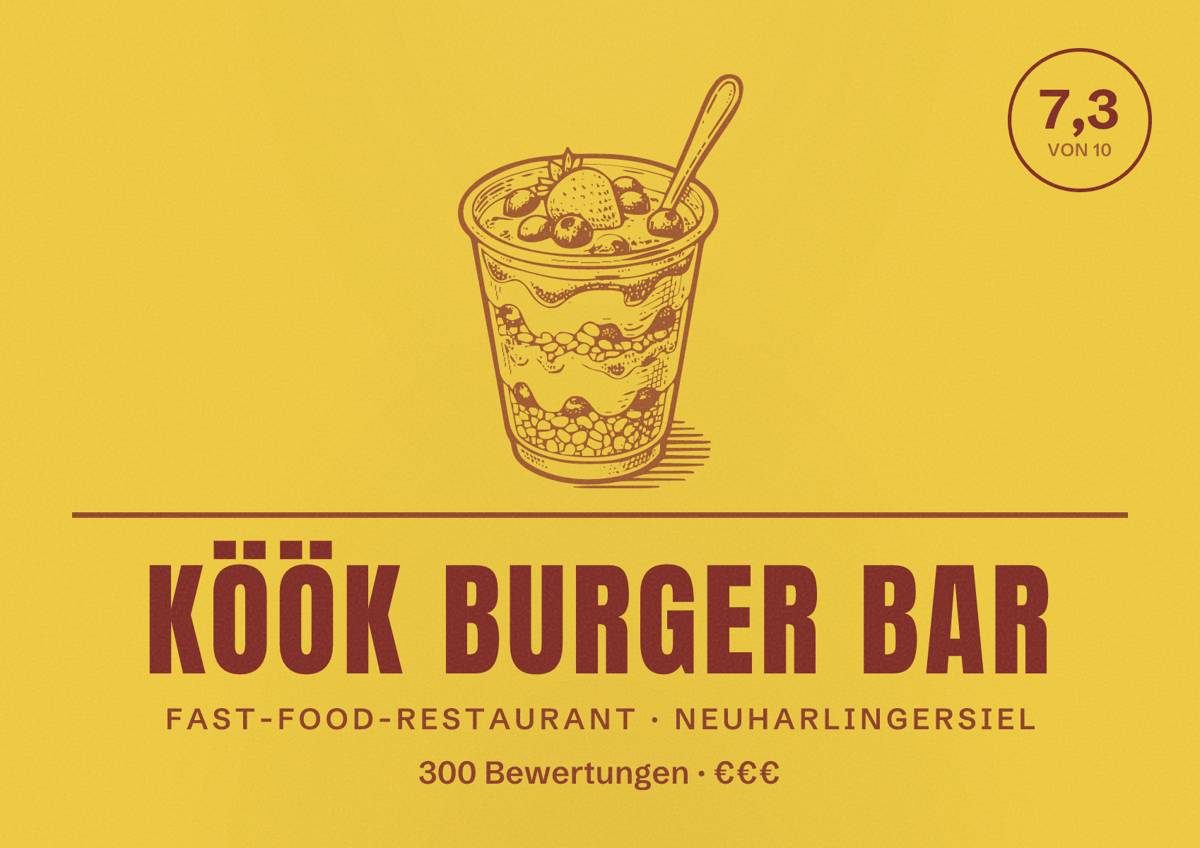 Illustriertes Poster von KÖÖK Burger Bar, Fast-Food-Restaurant in Neuharlingersiel: Bewertung 7,3 von 10 aus 300 Bewertungen, Preisniveau €€€