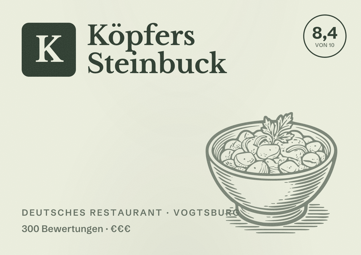 Illustriertes Poster von Köpfers Steinbuck, Deutsches Restaurant in Vogtsburg: Bewertung 8,4 von 10 aus 300 Bewertungen, Preisniveau €€€