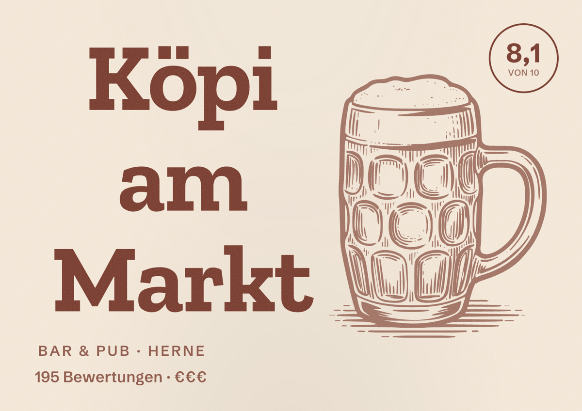 Illustriertes Poster von Köpi am Markt, Bar & Pub in Herne: Bewertung 8,1 von 10 aus 195 Bewertungen, Preisniveau €€€