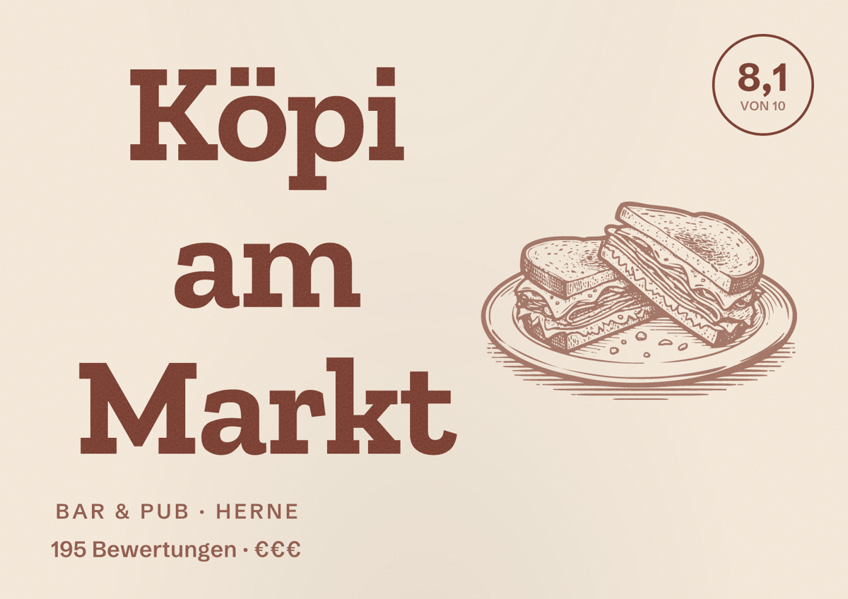 Illustriertes Poster von Köpi am Markt, Bar & Pub in Herne: Bewertung 8,1 von 10 aus 195 Bewertungen, Preisniveau €€€