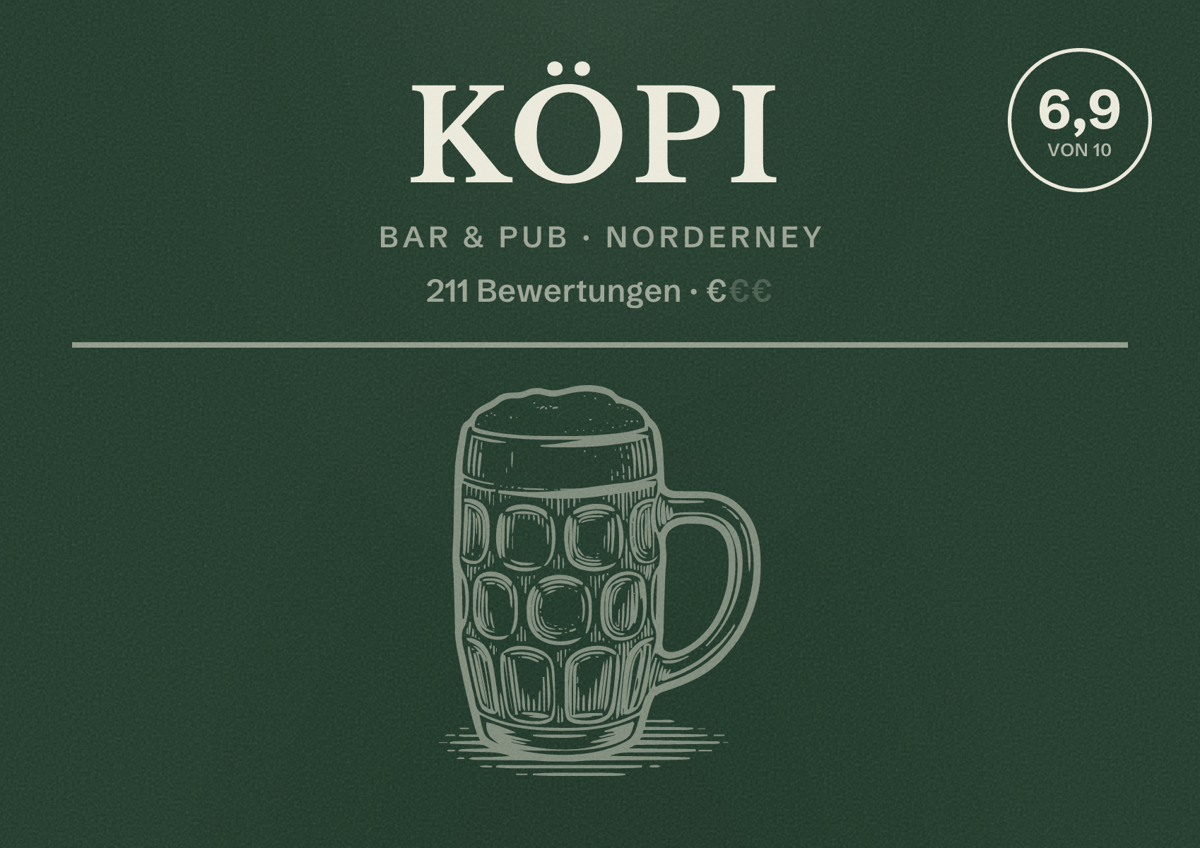 Illustriertes Poster von Köpi, Bar & Pub in Norderney: Bewertung 6,9 von 10 aus 211 Bewertungen, Preisniveau €