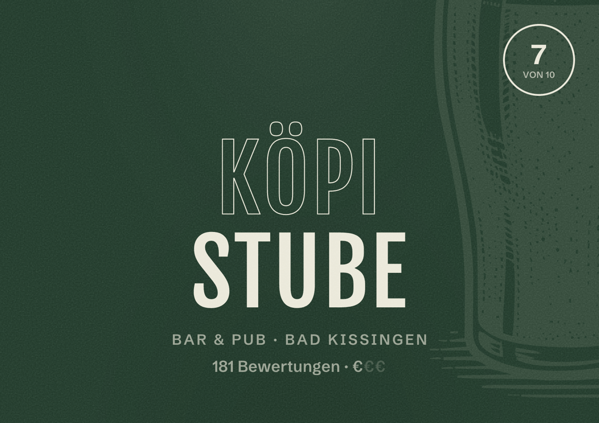 Illustriertes Poster von KÖPI Stube, Bar & Pub in Bad Kissingen: Bewertung 7 von 10 aus 181 Bewertungen, Preisniveau €