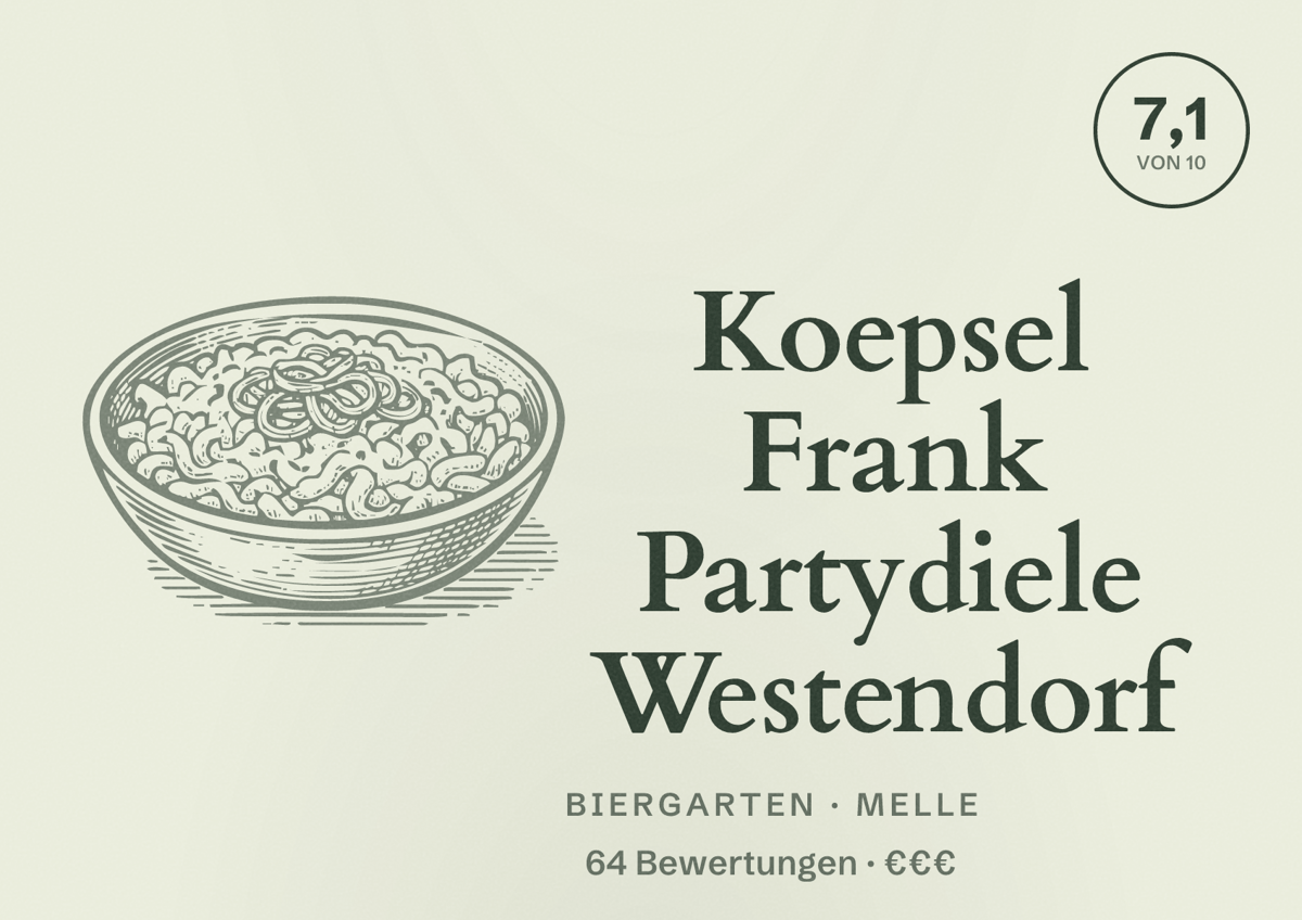 Illustriertes Poster von Koepsel Frank Partydiele Westendorf, Biergarten in Melle: Bewertung 7,1 von 10 aus 64 Bewertungen, Preisniveau €€€