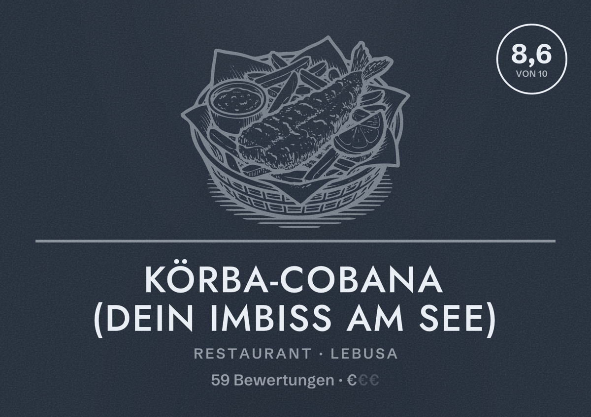 Illustriertes Poster von Körba-Cobana (Dein Imbiss am See), Restaurant in Lebusa: Bewertung 8,6 von 10 aus 59 Bewertungen, Preisniveau €