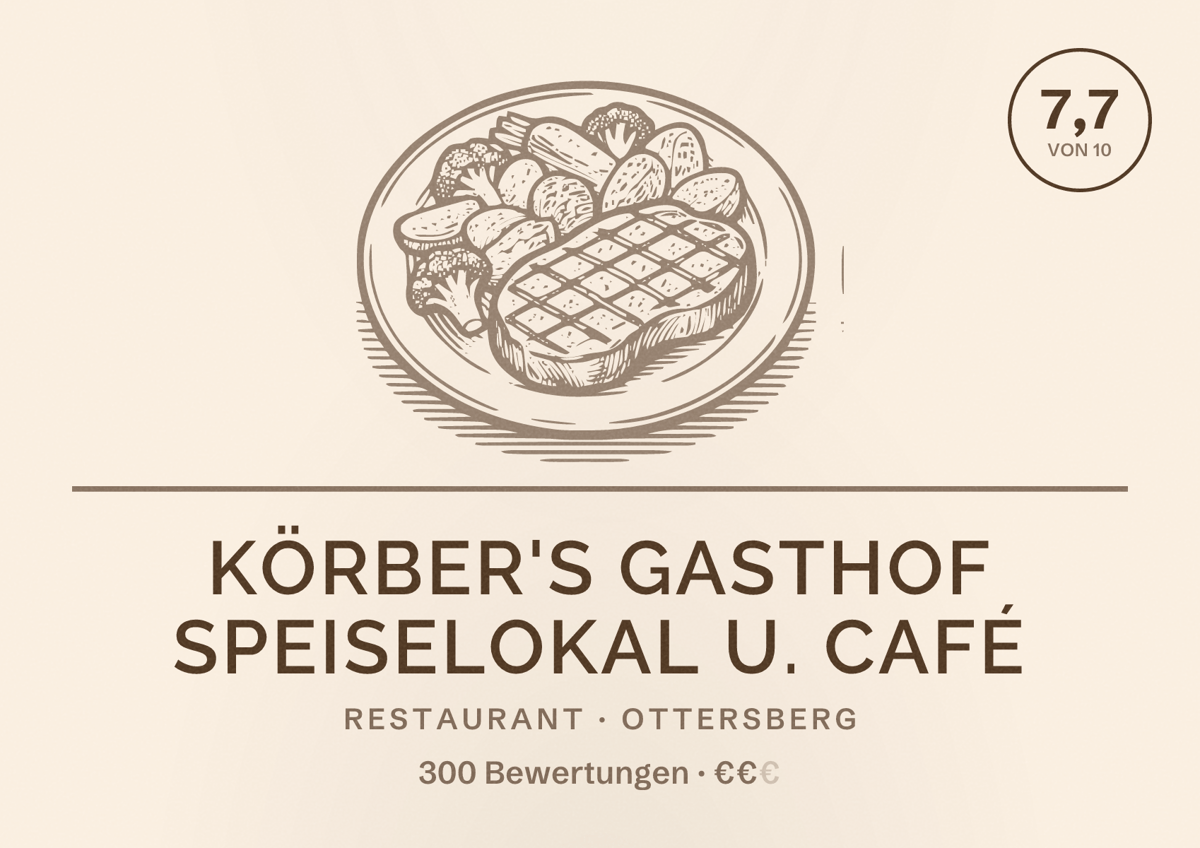 Illustriertes Poster von Körber's Gasthof Speiselokal u. Café, Restaurant in Ottersberg: Bewertung 7,7 von 10 aus 300 Bewertungen, Preisniveau €€