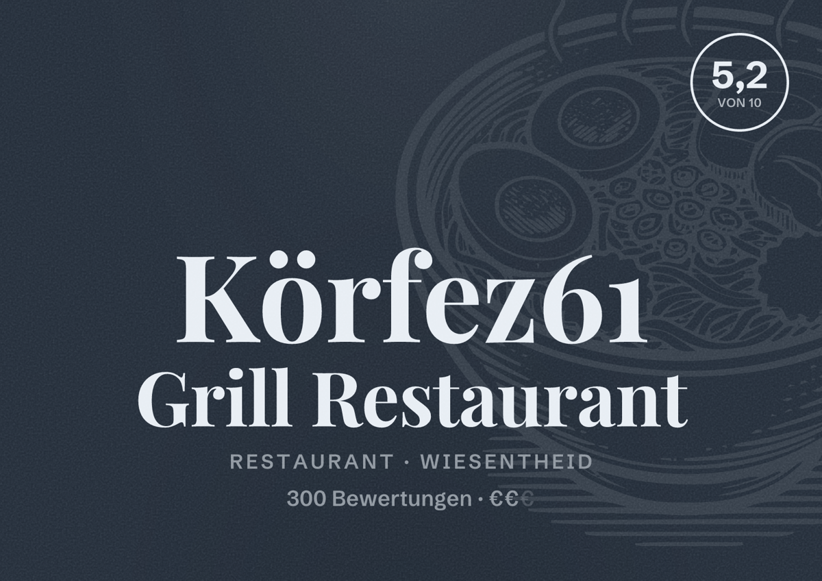Illustriertes Poster von Körfez61 Grill Restaurant, Restaurant in Wiesentheid: Bewertung 5,2 von 10 aus 300 Bewertungen, Preisniveau €€