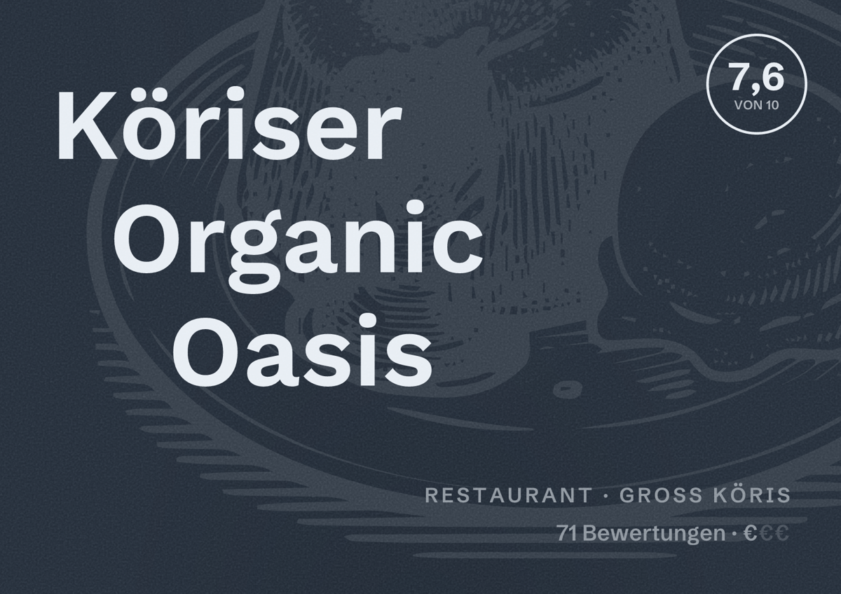 Illustriertes Poster von Köriser Organic Oasis, Restaurant in Groß Köris: Bewertung 7,6 von 10 aus 71 Bewertungen, Preisniveau €