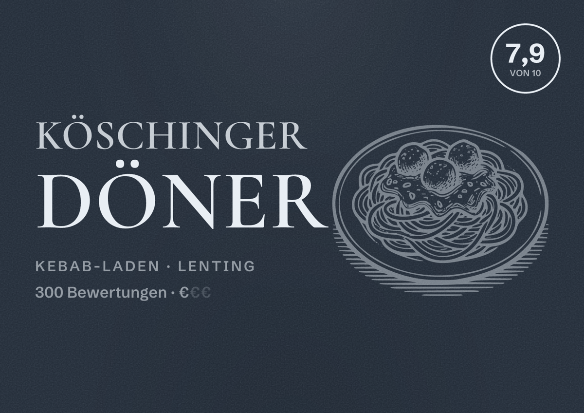Illustriertes Poster von Köschinger Döner, Kebab-Laden in Lenting: Bewertung 7,9 von 10 aus 300 Bewertungen, Preisniveau €