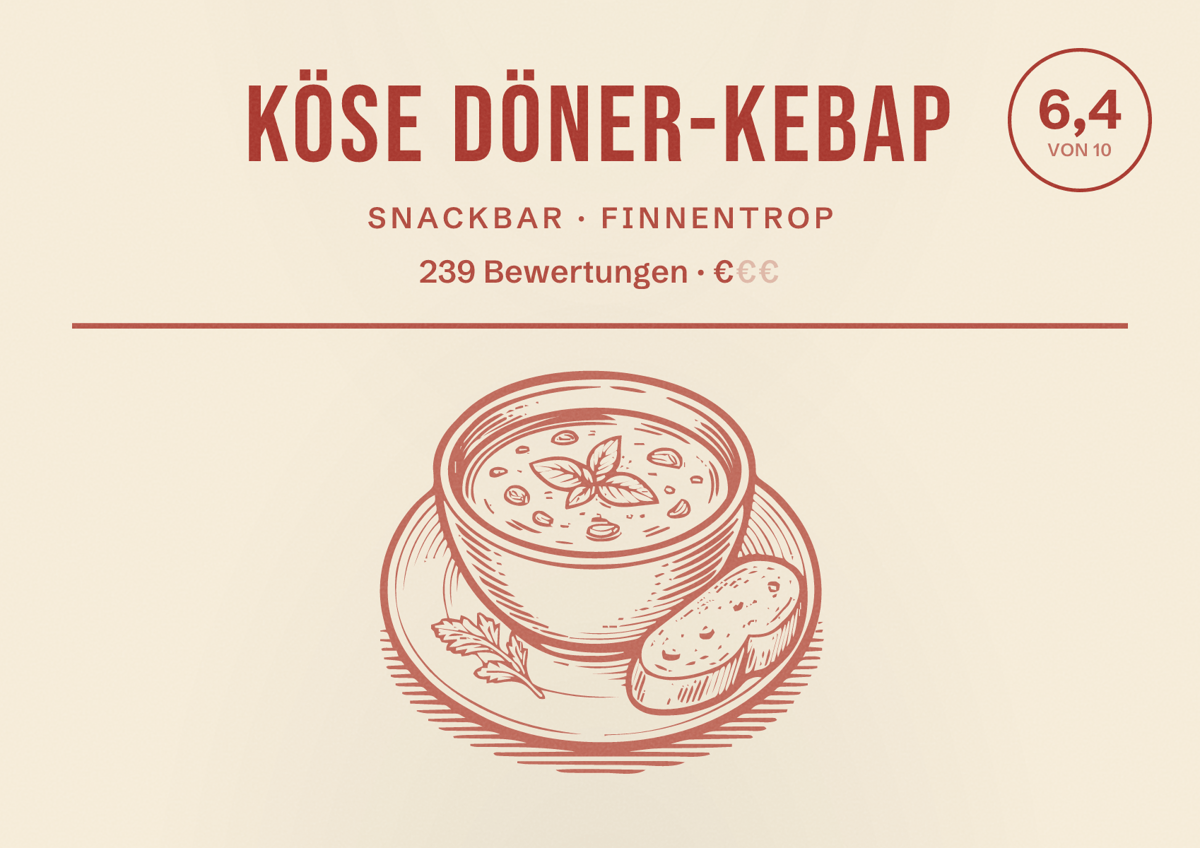Illustriertes Poster von Köse Döner-Kebap, Snackbar in Finnentrop: Bewertung 6,4 von 10 aus 239 Bewertungen, Preisniveau €