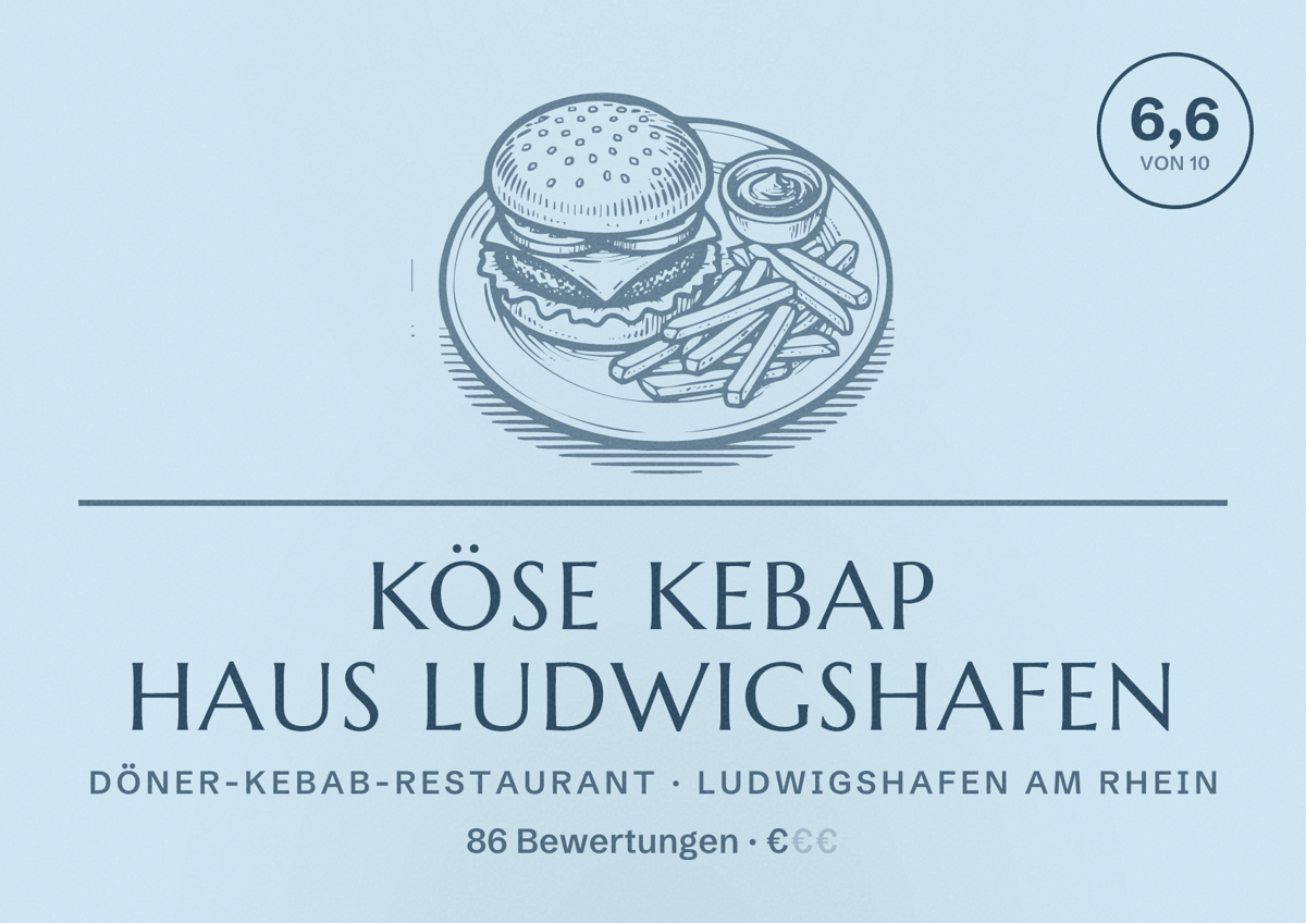 Illustriertes Poster von Köse Kebap Haus Ludwigshafen, Döner-Kebab-Restaurant in Ludwigshafen am Rhein: Bewertung 6,6 von 10 aus 86 Bewertungen, Preisniveau €