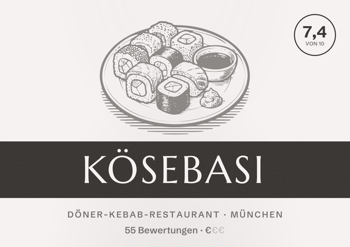 Illustriertes Poster von Kösebasi, Döner-Kebab-Restaurant in München: Bewertung 7,4 von 10 aus 55 Bewertungen, Preisniveau €