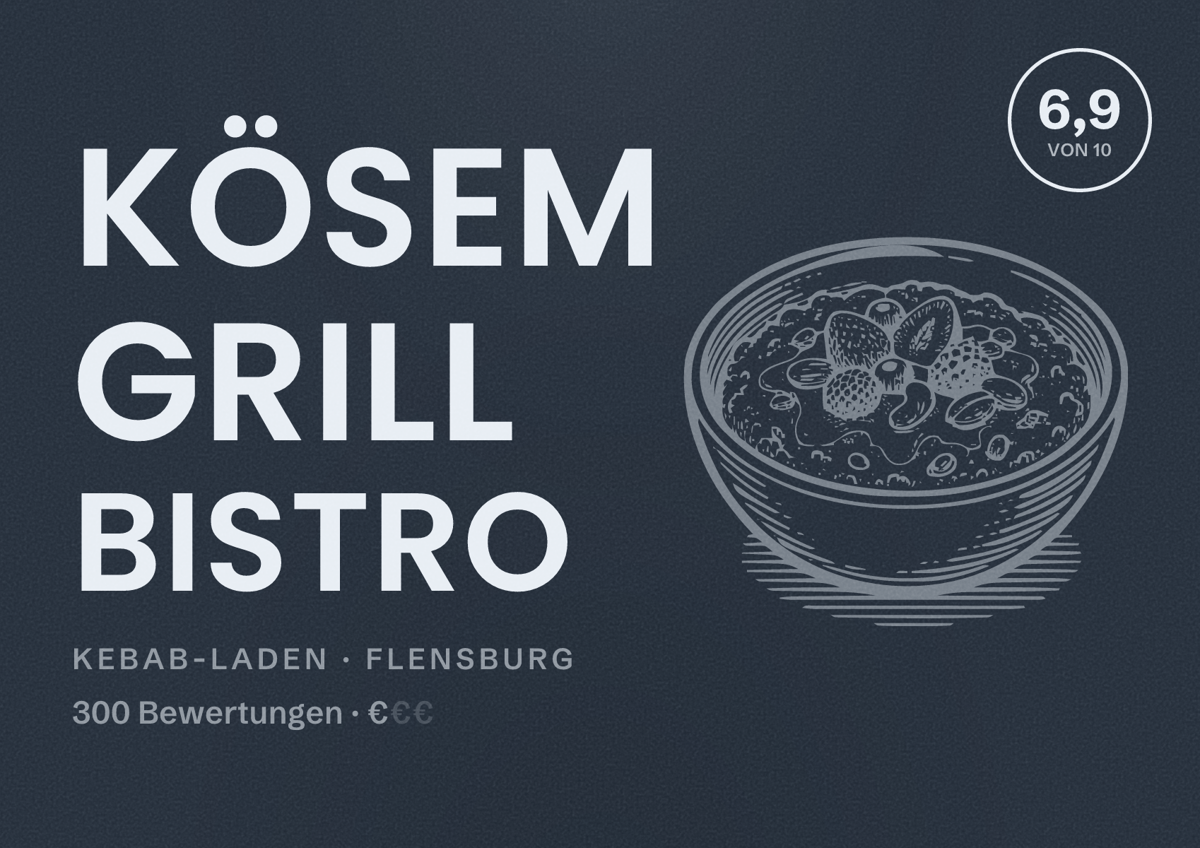 Illustriertes Poster von Kösem Grill Bistro, Kebab-Laden in Flensburg: Bewertung 6,9 von 10 aus 300 Bewertungen, Preisniveau €