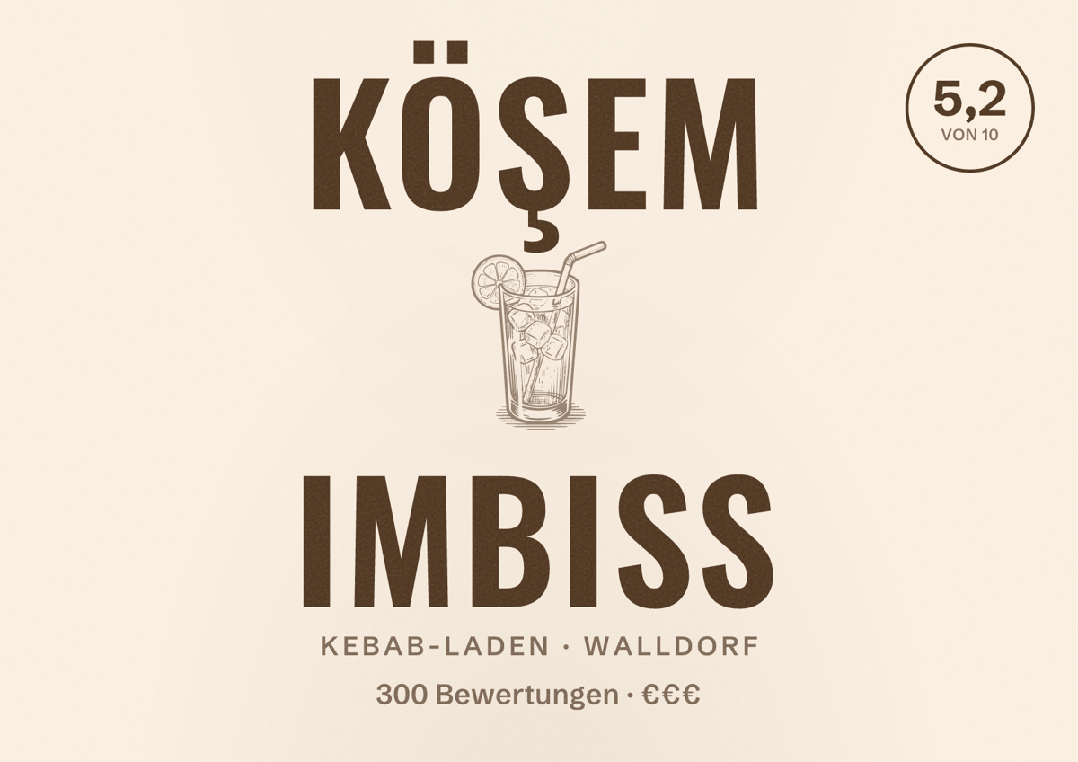Illustriertes Poster von Köşem Imbiss, Kebab-Laden in Walldorf: Bewertung 5,2 von 10 aus 300 Bewertungen, Preisniveau €€€