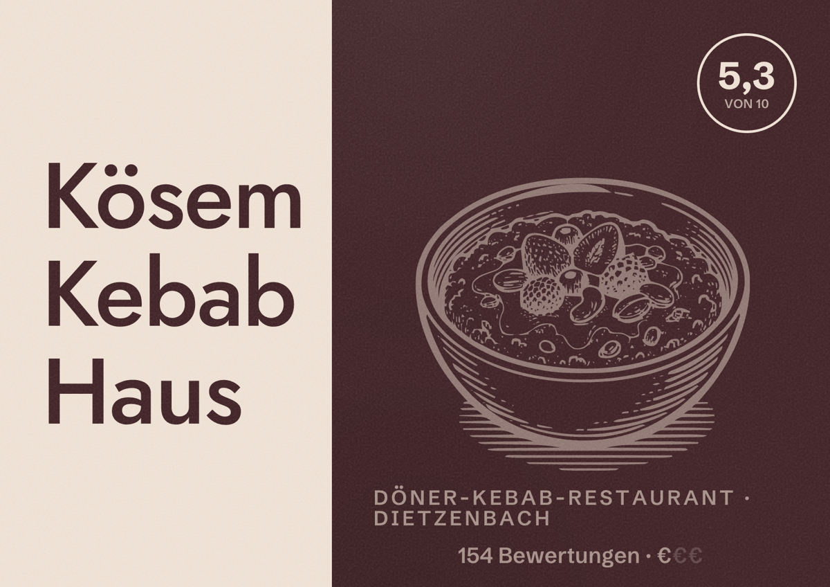 Illustriertes Poster von Kösem Kebab Haus, Döner-Kebab-Restaurant in Dietzenbach: Bewertung 5,3 von 10 aus 154 Bewertungen, Preisniveau €
