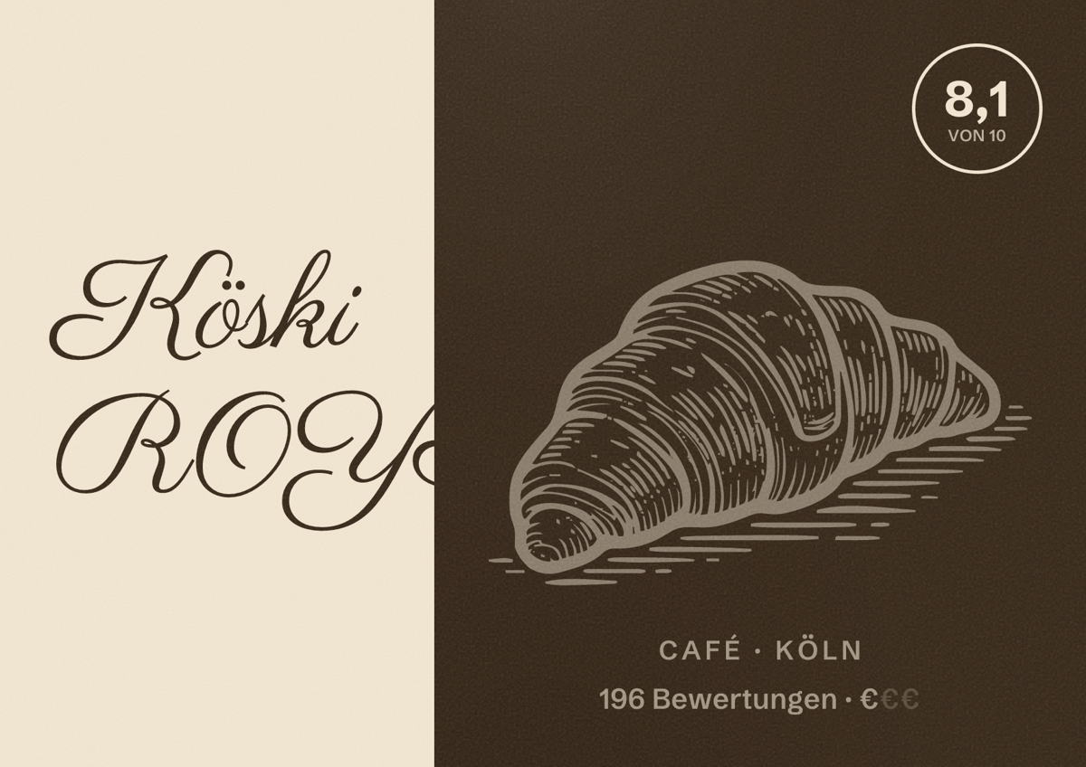 Illustriertes Poster von Köski ROYAL, Café in Köln: Bewertung 8,1 von 10 aus 196 Bewertungen, Preisniveau €