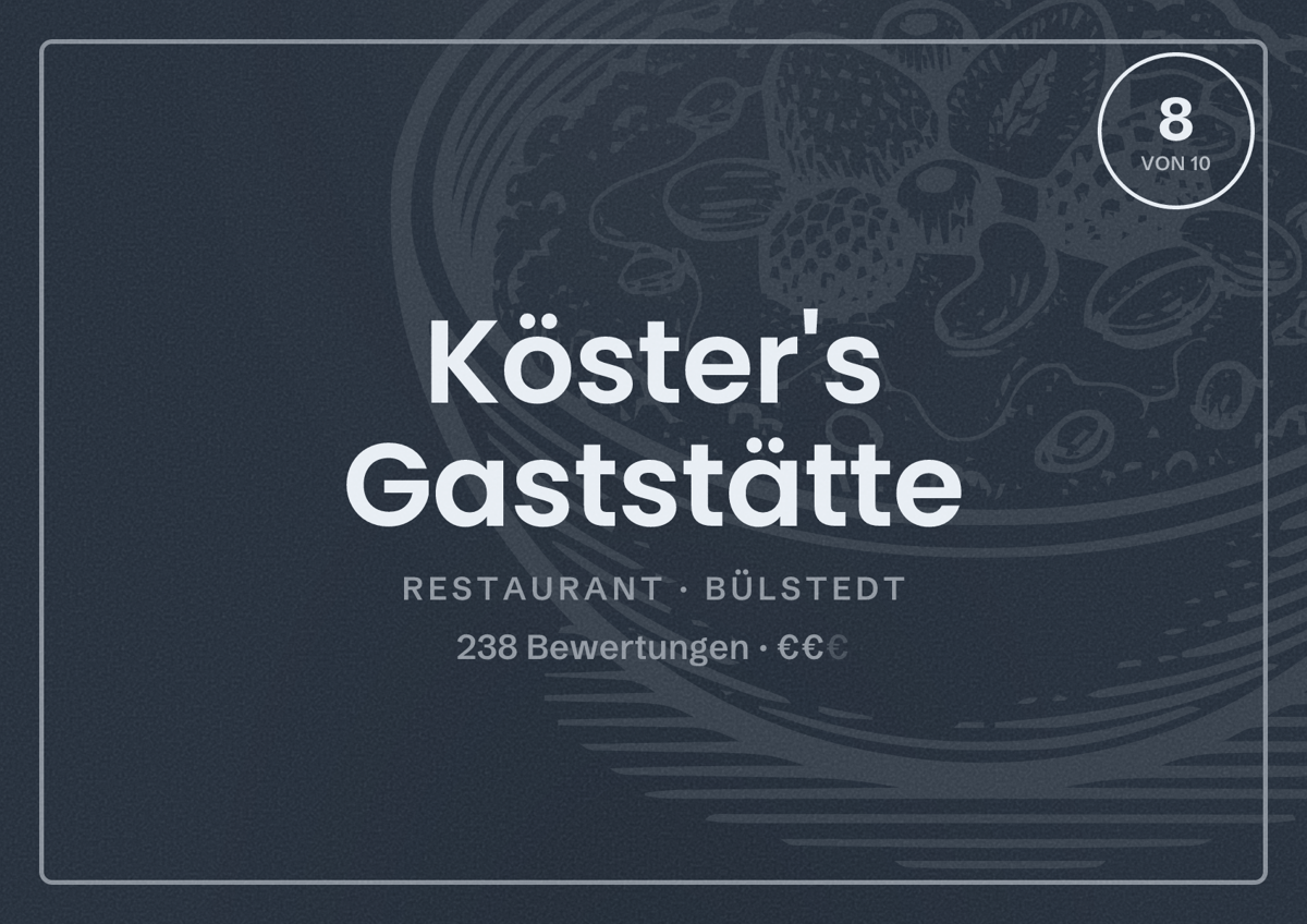 Illustriertes Poster von Köster's Gaststätte, Restaurant in Bülstedt: Bewertung 8 von 10 aus 238 Bewertungen, Preisniveau €€