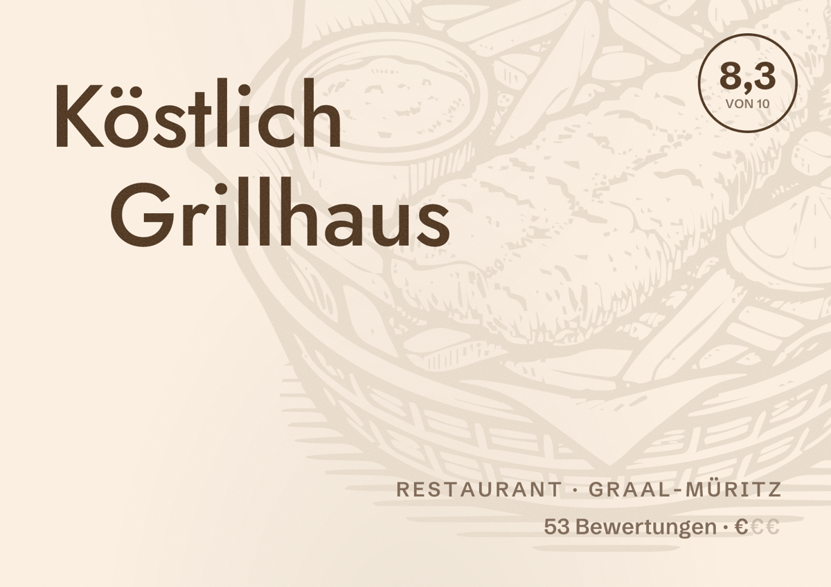 Illustriertes Poster von Köstlich Grillhaus, Restaurant in Graal-Müritz: Bewertung 8,3 von 10 aus 53 Bewertungen, Preisniveau €