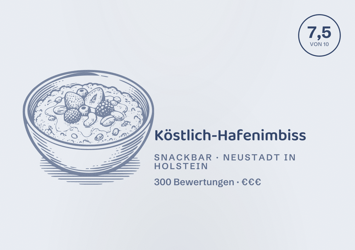 Illustriertes Poster von Köstlich-Hafenimbiss, Snackbar in Neustadt in Holstein: Bewertung 7,5 von 10 aus 300 Bewertungen, Preisniveau €€€