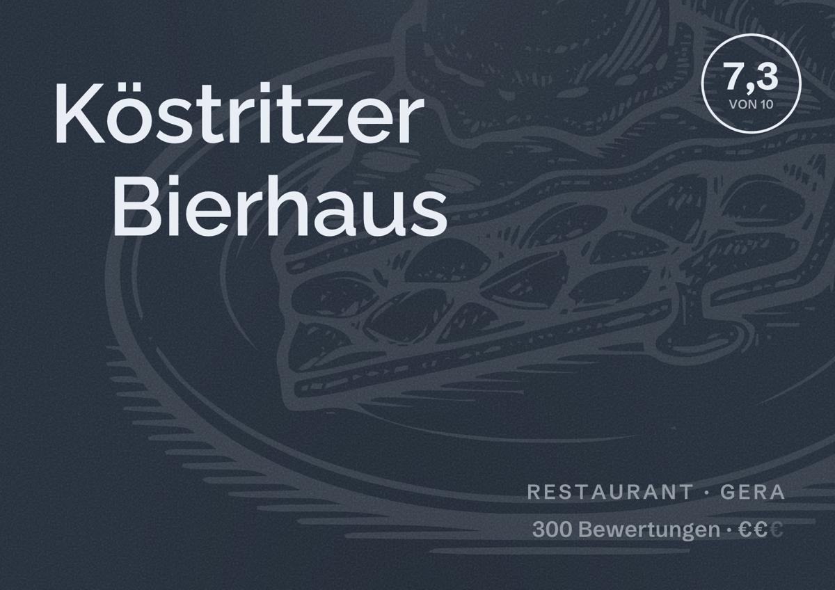 Illustriertes Poster von Köstritzer Bierhaus, Restaurant in Gera: Bewertung 7,3 von 10 aus 300 Bewertungen, Preisniveau €€