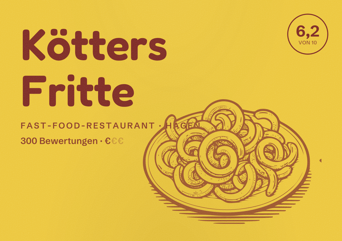 Illustriertes Poster von Kötters Fritte, Fast-Food-Restaurant in Hagen: Bewertung 6,2 von 10 aus 300 Bewertungen, Preisniveau €