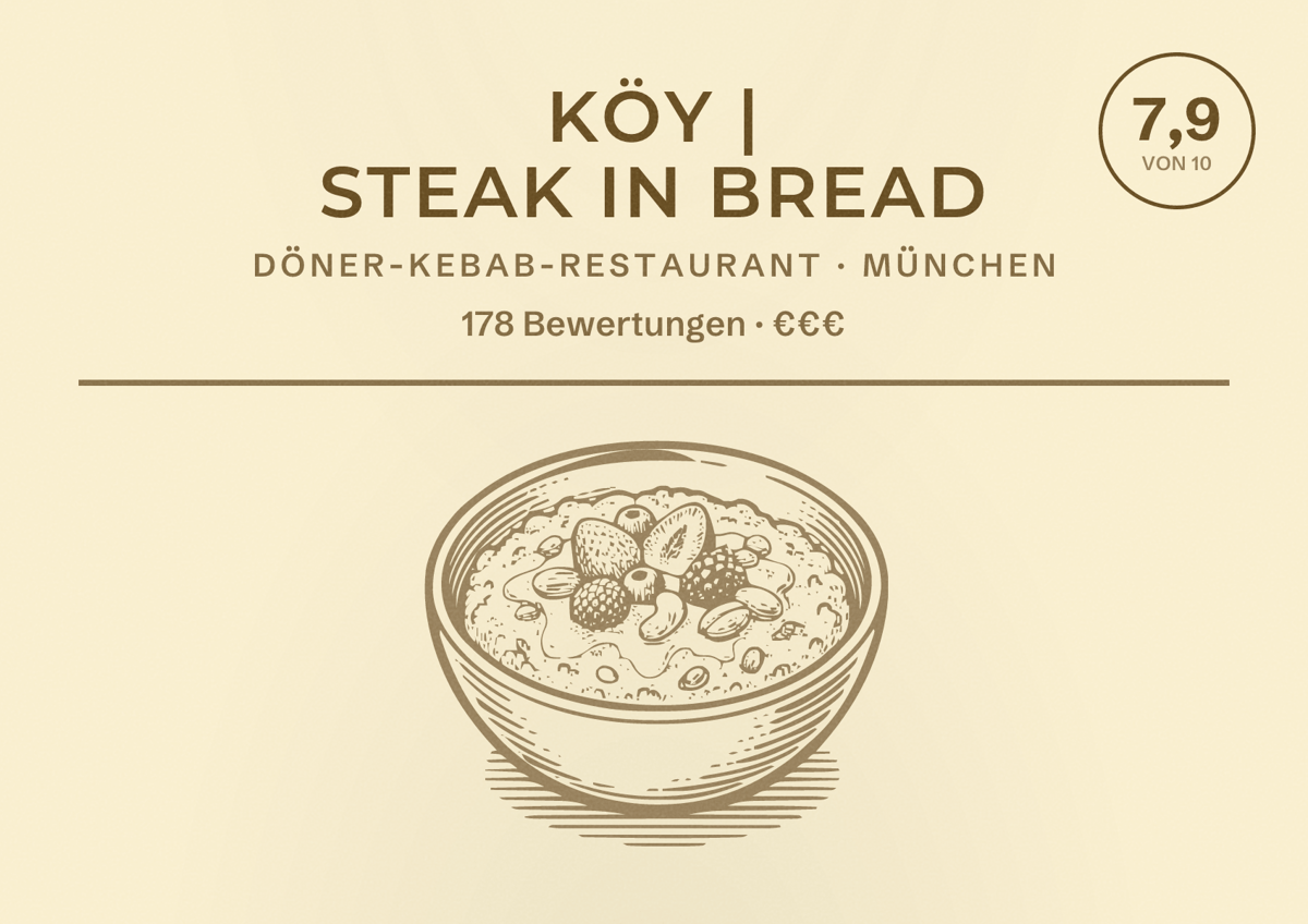 Illustriertes Poster von KÖY | STEAK IN BREAD, Döner-Kebab-Restaurant in München: Bewertung 7,9 von 10 aus 178 Bewertungen, Preisniveau €€€