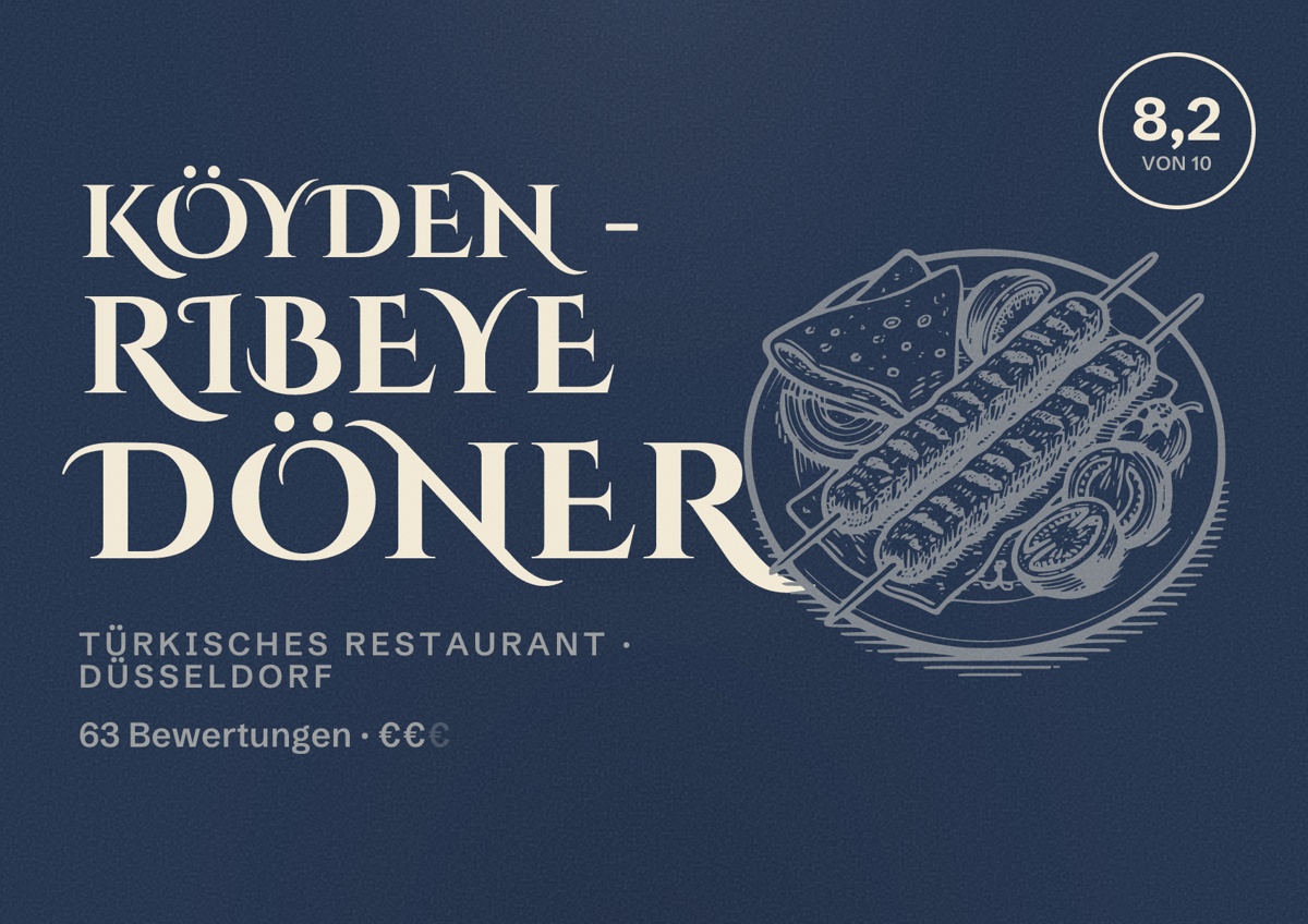 Illustriertes Poster von Köyden - RIBEYE DÖNER, Türkisches Restaurant in Düsseldorf: Bewertung 8,2 von 10 aus 63 Bewertungen, Preisniveau €€