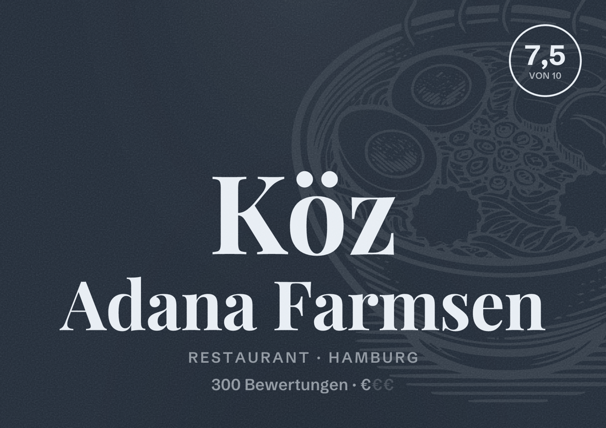 Illustriertes Poster von Köz Adana Farmsen, Restaurant in Hamburg: Bewertung 7,5 von 10 aus 300 Bewertungen, Preisniveau €